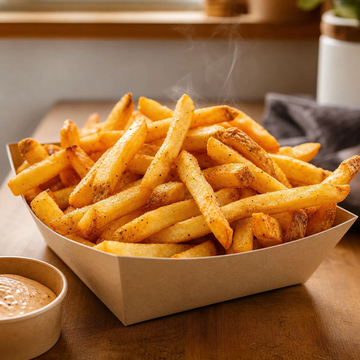 Golden fries in a plain unbranded tray on a warm tabletop.