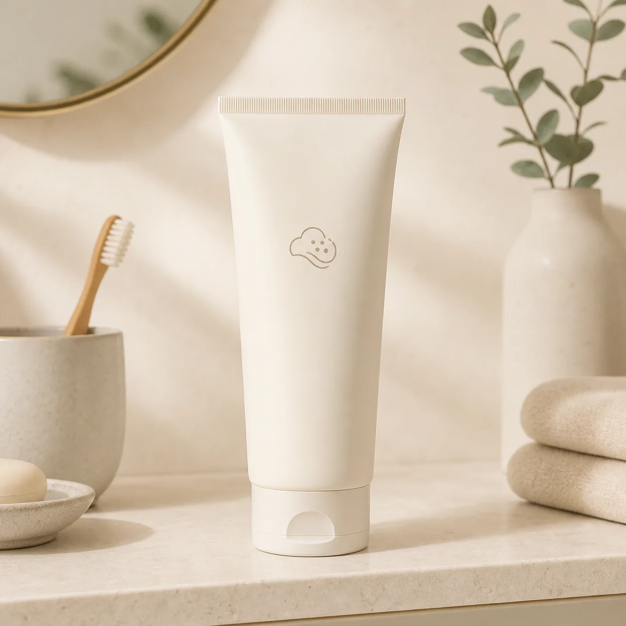 Minimal cream cleanser tube on a warm bathroom shelf.