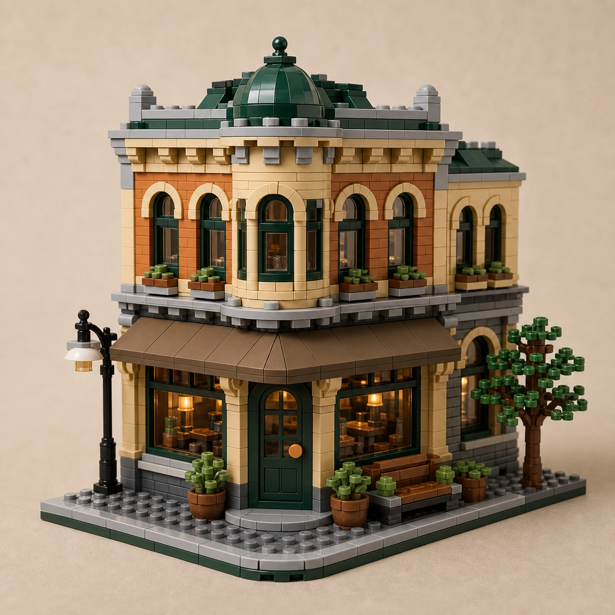 Realistic studio product card for Brick Street Corner, a fictional building brick set item.