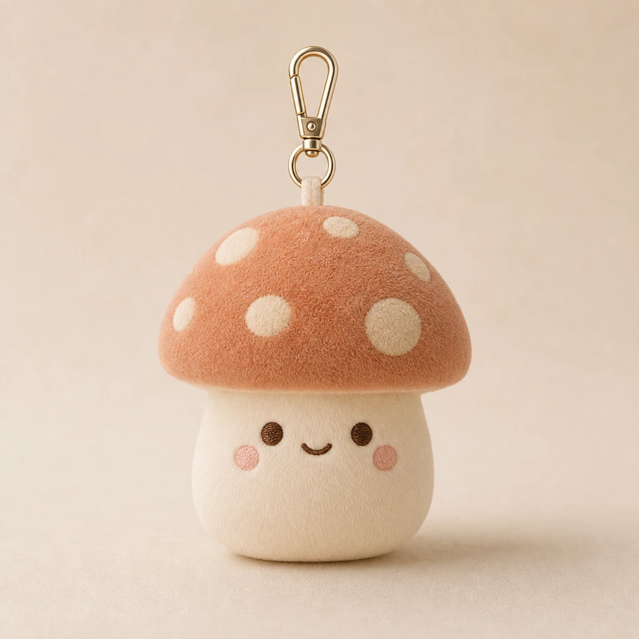 Realistic studio product card for Plushlab Mushroom Charm, a fictional collectibles item.