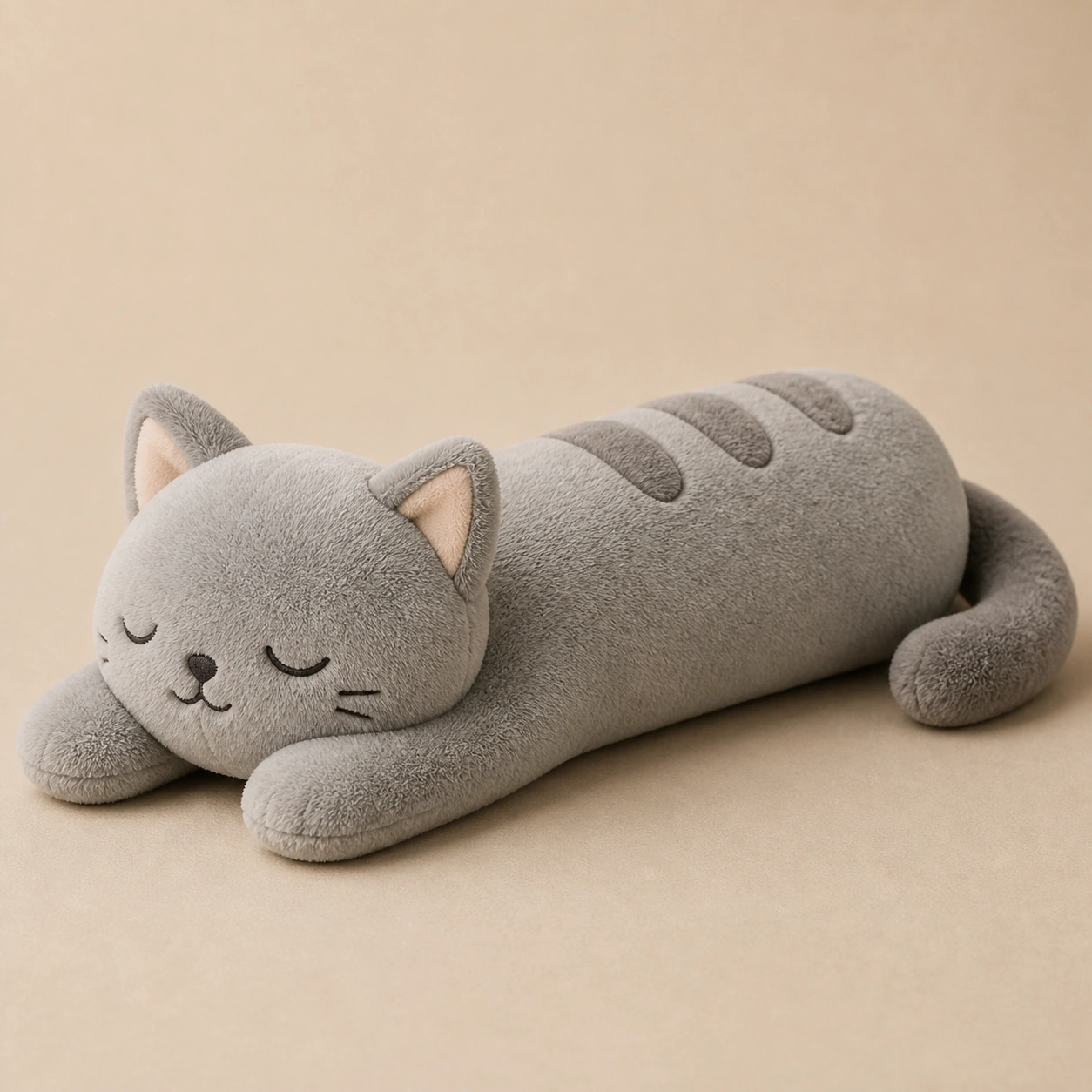 Realistic studio product card for Sleepy Cat Plush, a fictional plush toy item.