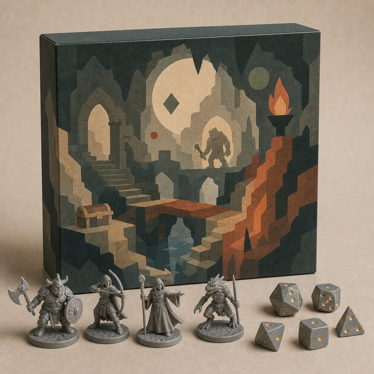 Realistic studio product card for Dungeon Quest, a fictional board game item.