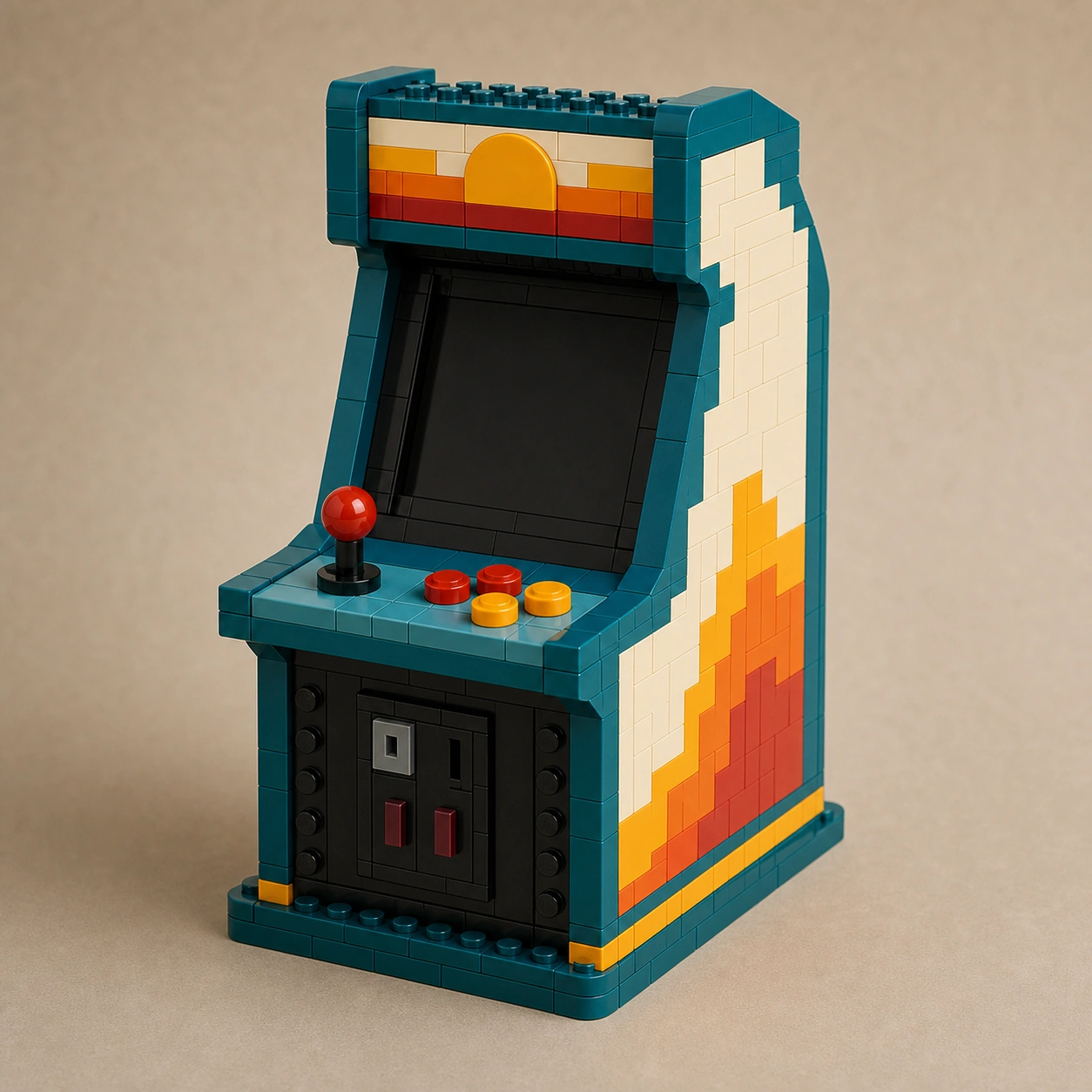Realistic studio product card for Brick Mini Arcade, a fictional building brick set item.