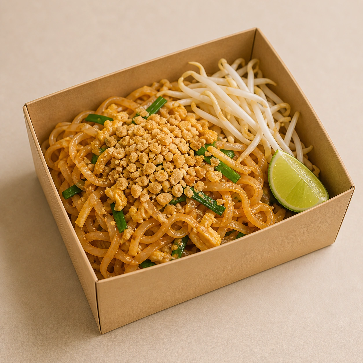 Realistic studio food card for Pad Thai Street Box, a fictional noodles item.